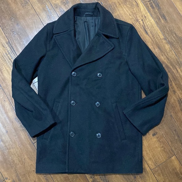 Vintage 70s Black Heavy Wool Pea Coat - Picture 1 of 10